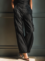 Women's Black Cotton And Linen Blend Sleeveless Collared Jumpsuit With Cargo Pockets MDZ0908A3T