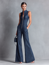 Women's Retro Style Dark Blue Denim Sleeveless High-Neck Flared Jumpsuit With Front Zipper MDZ1239B2BA