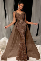 Evening Gown Dark Brown Sequined Lace Tulle Overskirt Mermaid Maxi Dress