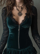 Dark green velvet mini dress with lace sleeves