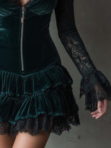 Dark green velvet mini dress with lace sleeves
