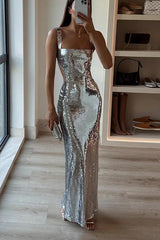 Spaghetti Strap Backless Sequined Maxi Dress