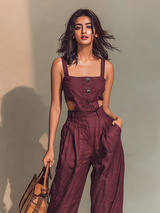 Women's Burgundy Linen Jumpsuit With Cutout Waist & Button Front, Timeless Modern-Edgy Style Jumpsuit MDZ0648B2I