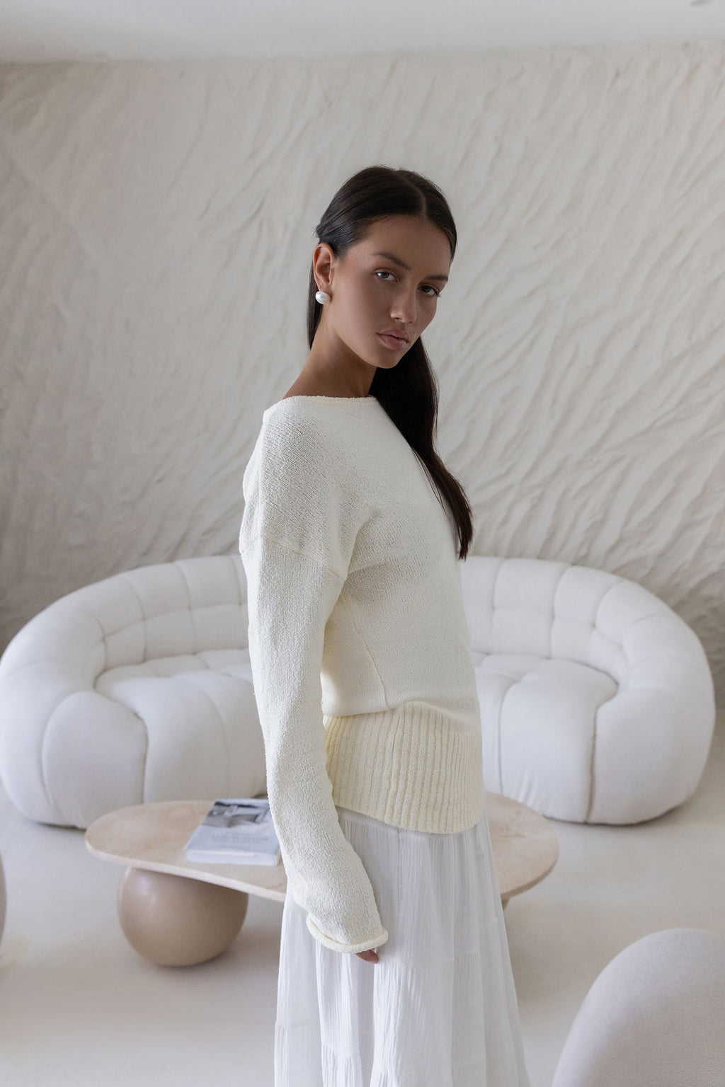 Sugar Petal Off Shoulder Knit Sweater White