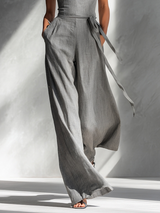 Women's Minimalist Linen Blend Gray Spaghetti-Strap Square-Neck Tie-Waist Wide-Leg Jumpsuit MDA2666L5AU
