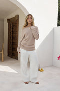 Sugar Petal Off Shoulder Knit Sweater Brown