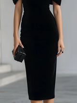 Dramatic Black Velvet Bow Midi Dress