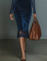 Dark Blue Velvet Slim Fit V-Neck Midi Dress