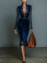 Dark Blue Velvet Slim Fit V-Neck Midi Dress