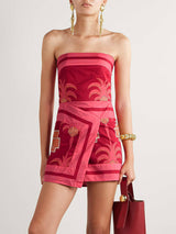 Retro Palm Print Ruched Cut-Out Back Strapless Mini Dress