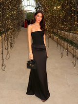 Elegant Strapless Draped Satin Maxi Dress