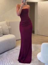 Elegant Strapless Draped Satin Maxi Dress