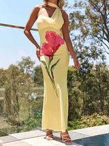 Elegant Painted Flower Print Scarf Ribbon Maxi Dress