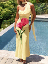 Elegant Painted Flower Print Scarf Ribbon Maxi Dress