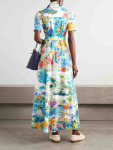 Unique Watercolor Print Tie-Dress Shirt Maxi Dress