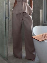 Elegant Halter Neck Lace-up Top And Wide Leg Pants Suit-Pants