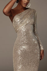 One-shoulder Wrapped Sequins Evening Dress