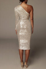 One-shoulder Wrapped Sequins Evening Dress