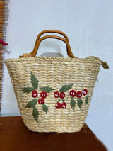 Vintage Rattan Handle Embroidered Bucket-shaped Straw Bag