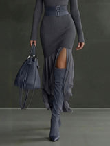 Elegant Gray Asymmetrical Ruffled Knit Midi Dress