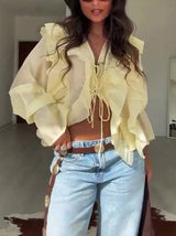 Bohemian Style Ruffled Lace-Up Shirt