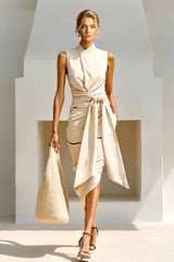 Stand-collar Lace-Up Irregular Hem Dress