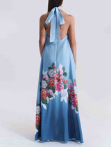 Elegant Halterneck Romantic Floral Print A-line Maxi Dress