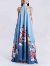 Elegant Halterneck Romantic Floral Print A-line Maxi Dress