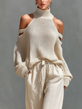 Women's Beige Knit Fabric Cold-Shoulder Turtleneck Top & Wide-Leg Pants Set MDZ0984A5T