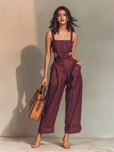 Women's Burgundy Linen Jumpsuit With Cutout Waist & Button Front, Timeless Modern-Edgy Style Jumpsuit MDZ0648B2I