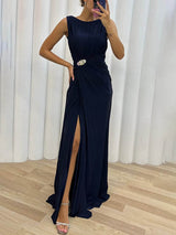 Special Pleated Embellished Slit Evening Maxi Dress