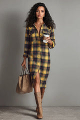 Retro Plaid Print Long Sleeve Shirt Midi Dress