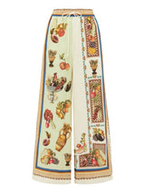Unique Tropical Luxe Satin Fruit Print Loose Elastic Waist Wide-Leg Pants