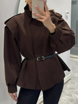 Modern Bold Stand Collar Button-Up Lantern Sleeve Loose Jacket