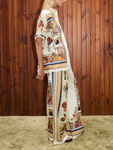 Unique Tropical Luxe Satin Fruit Print Loose Elastic Waist Wide-Leg Pants