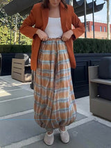 Unique Plaid Print Elastic Waist Tapered Lantern Pants