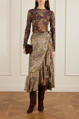 Unique Ruffled Leopard Print Paisley Satin Wrap Midi Skirt