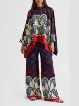 Unique Printed Patchwork Elastic Waist Wide-Leg Pants