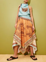 Retro Fashion Printed Scarf-Style Waist Tie Design Midi Dress