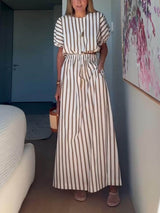 Exquisite Unique Striped Print Elastic Waist Slit Pocket Maxi Skirt
