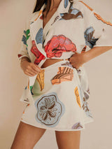 Classic Casual Linen Floral Print Shirt And Mini Skirt Set