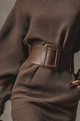 Fashion Solid Color Lantern Sleeve High Waist Belted Knitted Mini Dress