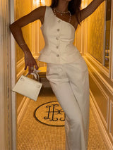 Asymmetrical Button Vest Top & High-Waisted Straight-Leg Pants Set