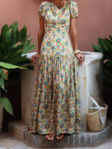 Beautiful Puff Sleeve Floral Print Cutout Open Back Pleated Maxi Dress