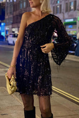 Exquisite Sequined One-Shoulder Tassel Mini Dress