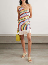 Delicate One-Shoulder Fringed Printed Tulle Mini Dress