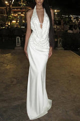 Exquisite Deep V-neck Patterned Backless Camisole Top And Satin Skirt Set