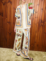 Unique Tropical Luxe Satin Fruit Print Loose Elastic Waist Wide-Leg Pants