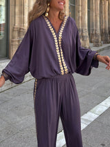 Modern Feel Unique Gold Trim And Elastic Cuffs V-Neck Top