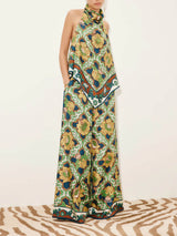 Modern Satin Asymmetric Print Backless Camisole And Pocket Wide-Leg Pants Set